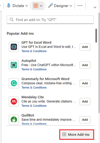 Select More Add-Ins from the dropdown menu.